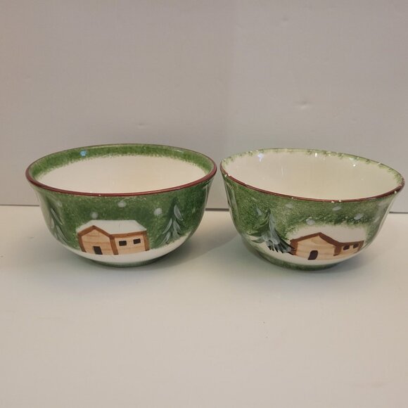 The Cellar Set Of 2 Christmas-Themed Ceramic Bowls Snowy Cabin & Pine Design - Picture 1 of 7